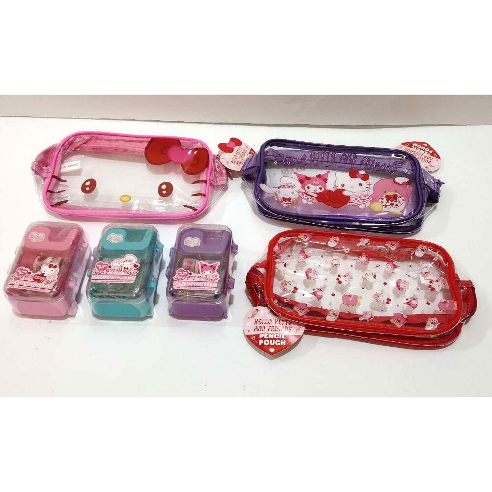Lot grab bag 6 pk Hello Kitty Sanrio Zipper Clear Pouch, tape stickers